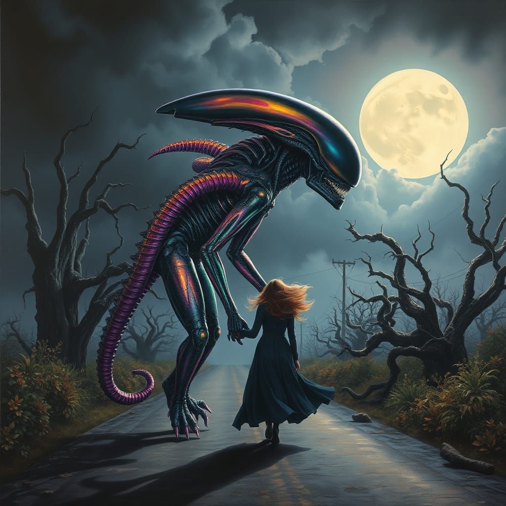 Xenomorph and Woman Walking on Moonlit Road