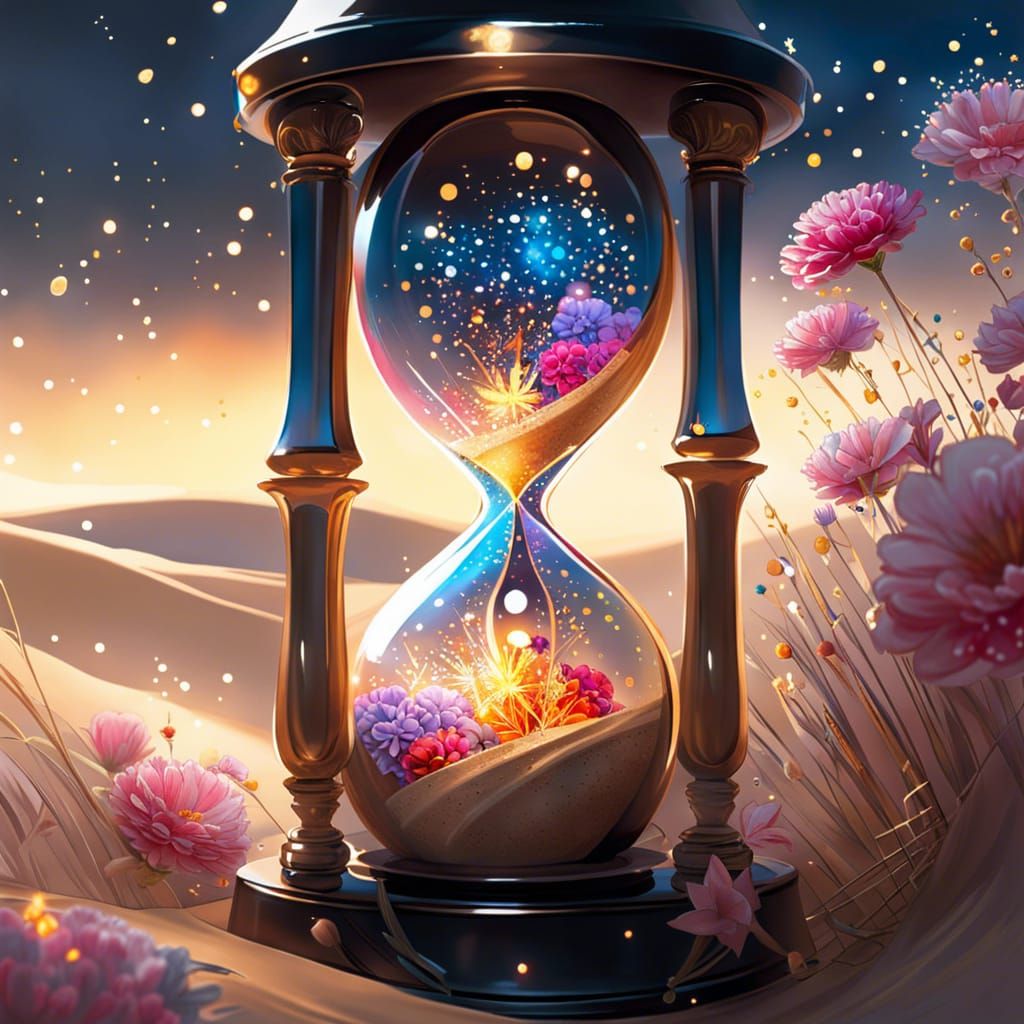 Hourglass with Fireworks and Flowers, Digital Art