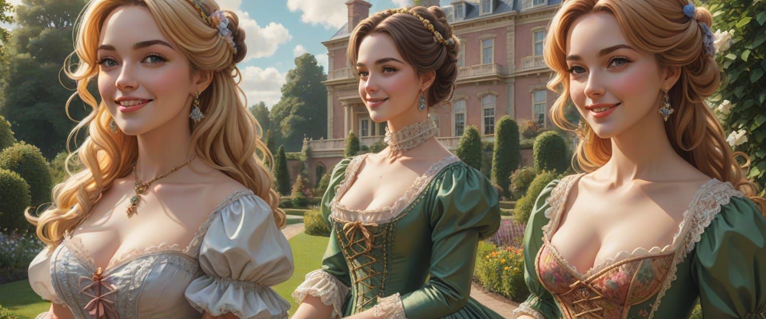 Three Elegant Ladies Stroll Through Luxurious Gardens in Rom...