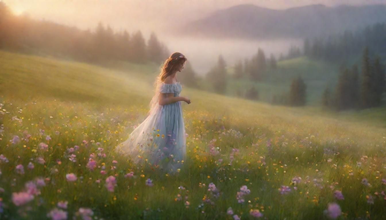 Ethereal Celestial Being in Misty Wildflower Landscape