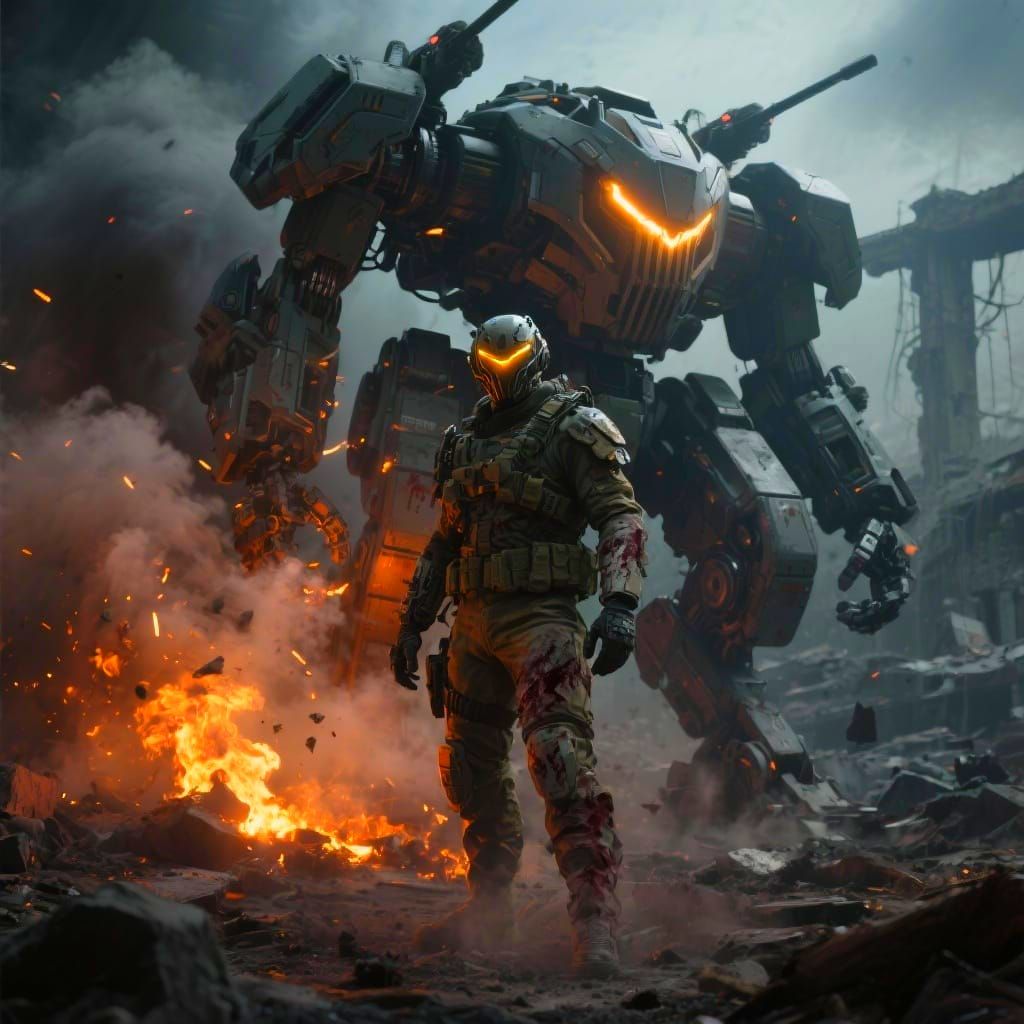 Futuristic Soldier and War-Mech in Grim Sci-Fi Ruins