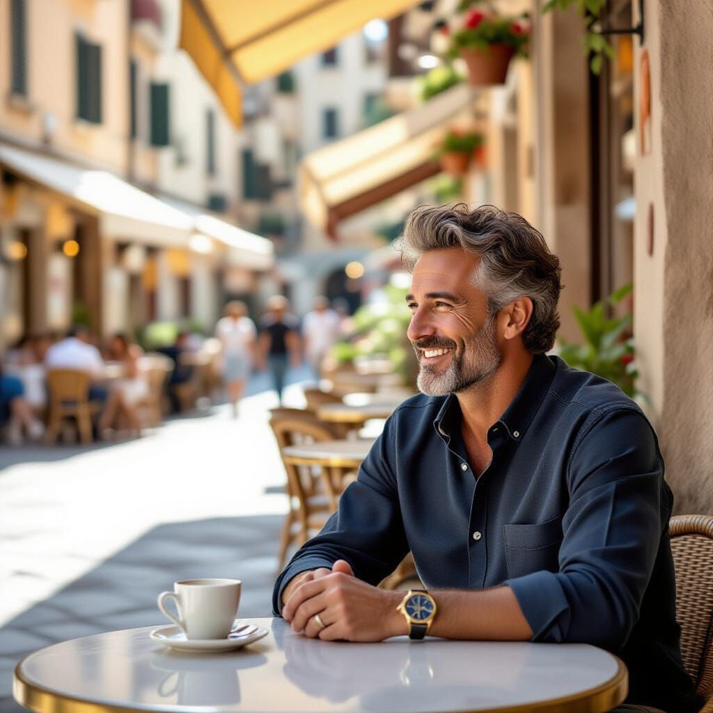 Elegant Italian Couple in Sunlit Piazza Cafe