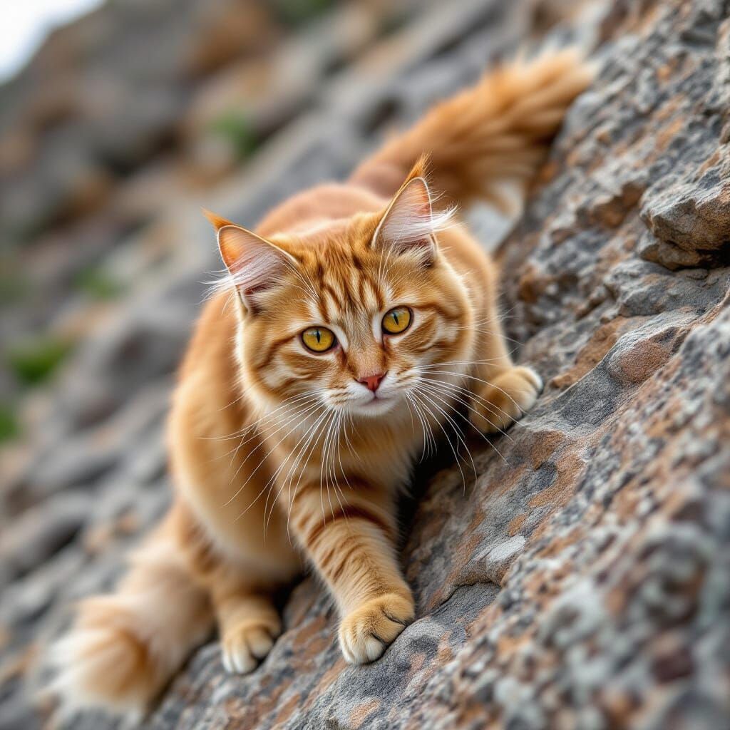 Russet Cat Climbing a Steep Rockfall