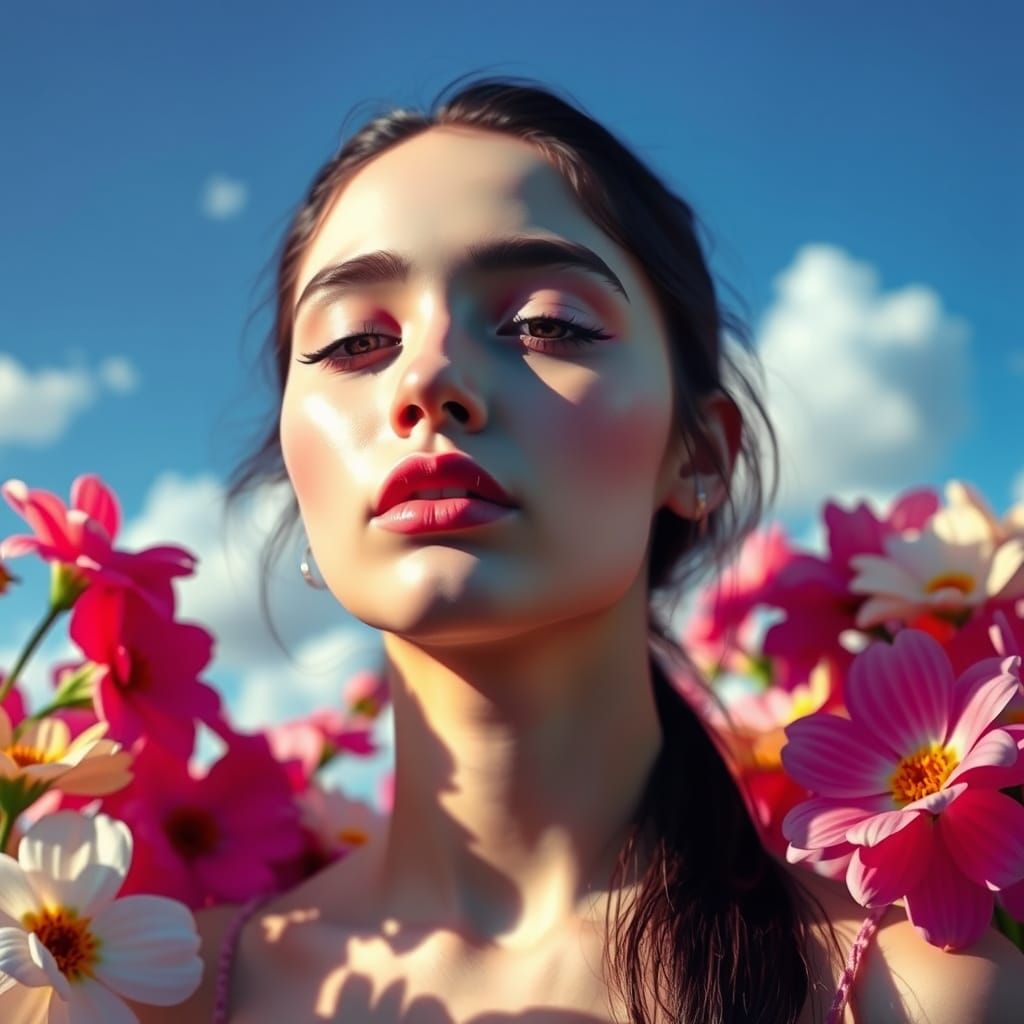 Smiling Person in Sunny Floral Landscape: Surreal Pop Art