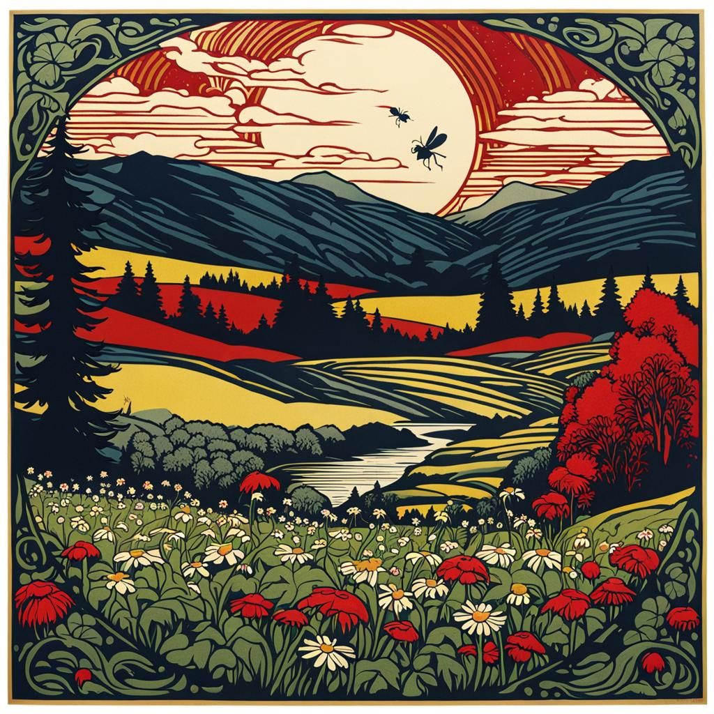 Vermont Landscape with Bee and Crow, Art Nouveau Woodcut
