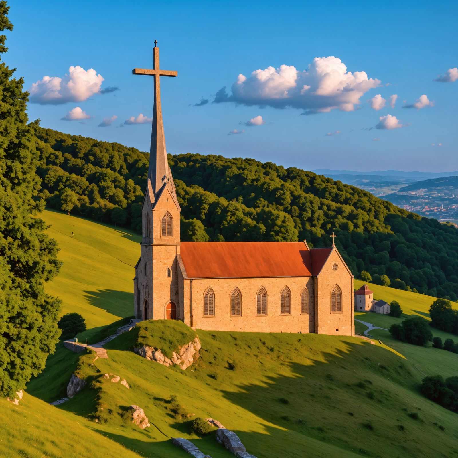 Hyperrealistic Church with Cross on Hill in Stunning HDR