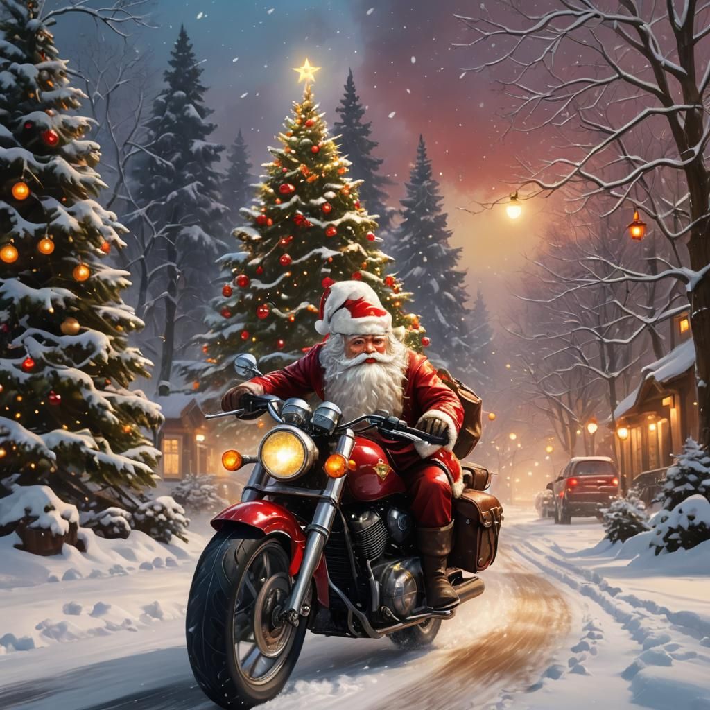 Santa Claus Rides Motorcycle in Winter Wonderland