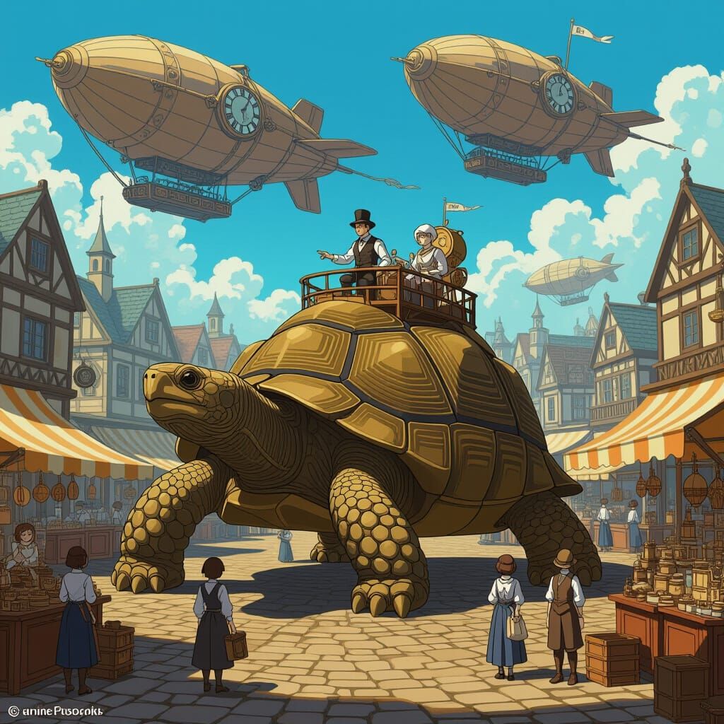 Colossal Tortoise Marketplace in Victorian Airship Scene