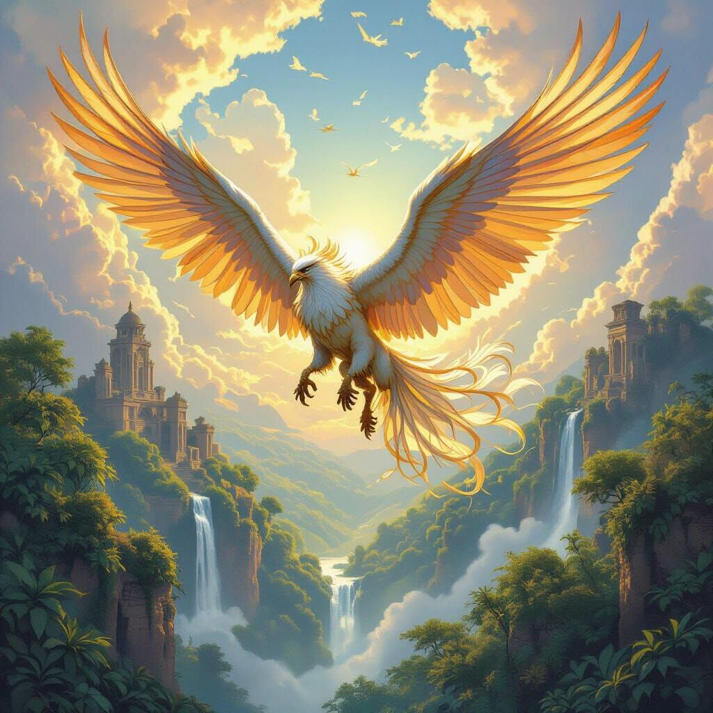 Griffin Soaring Above Ancient Forest, Fantasy Art