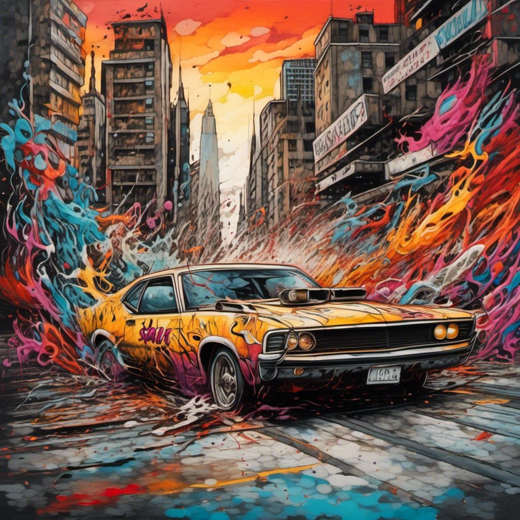 Drag Race Chase in Pyrography Graffiti Art Style