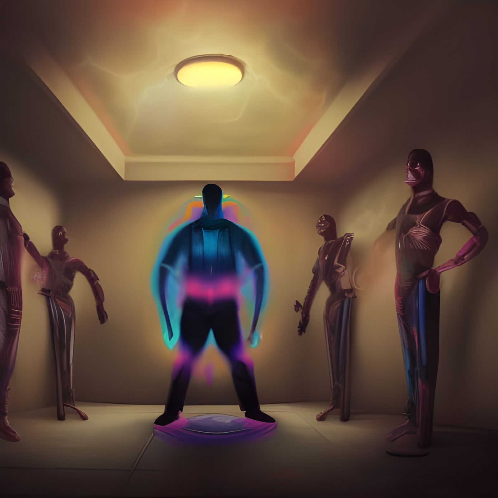 Antihero Surrounded by Clones in Synthwave Style