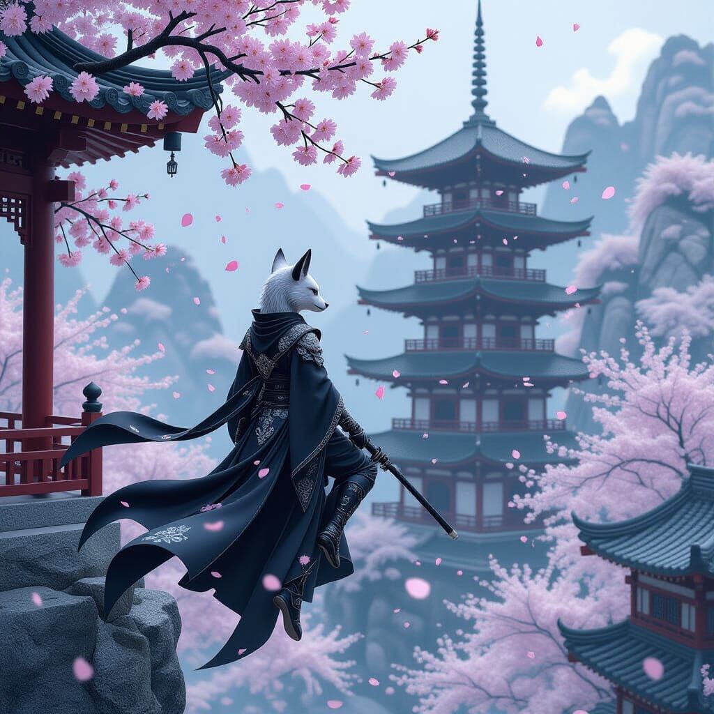 Mystical Ninja Animal at Pagoda in Anime Style