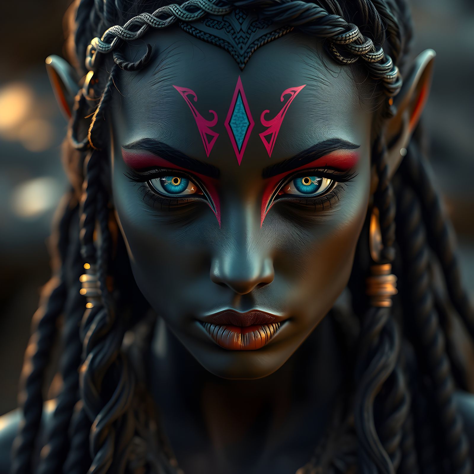 Dark Elf Woman in Cryptopunk Attire with Fractal Tattoos and...