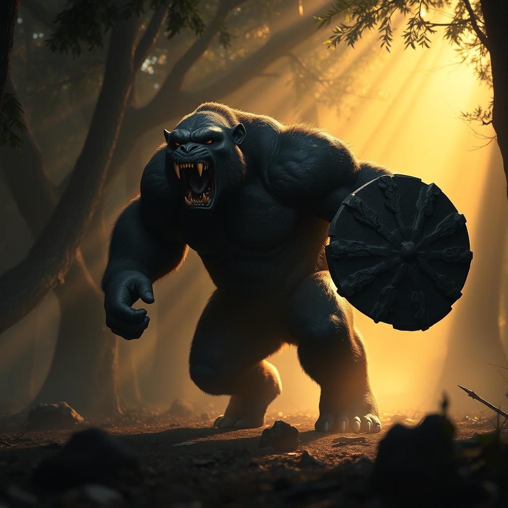 Ferocious Panther-Gorilla Hybrid in Mist-Shrouded Forest