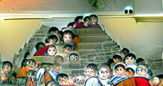 Crowd of Creepy Wide-Eyed Children on Staircase