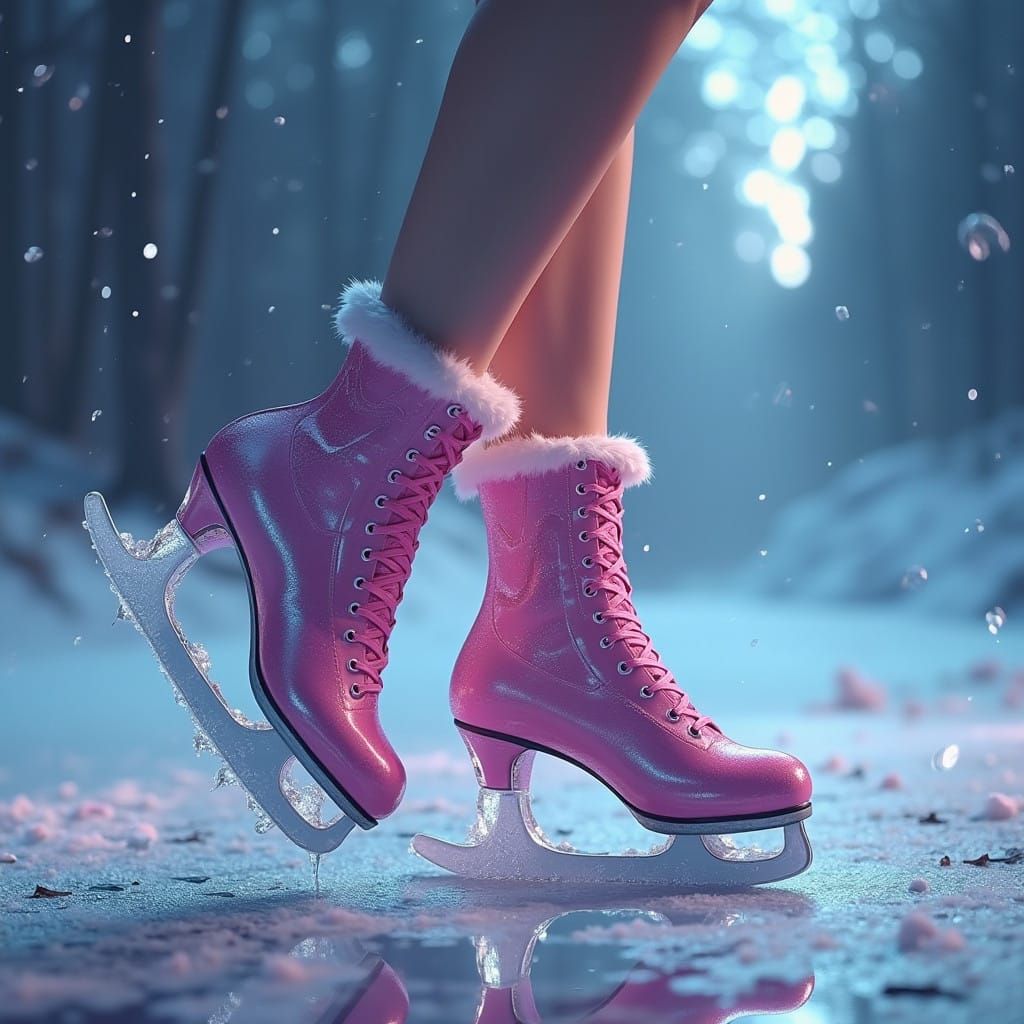 Woman's Feet in Fuchsia High Heel Ice Skates, Futuristic Fan...