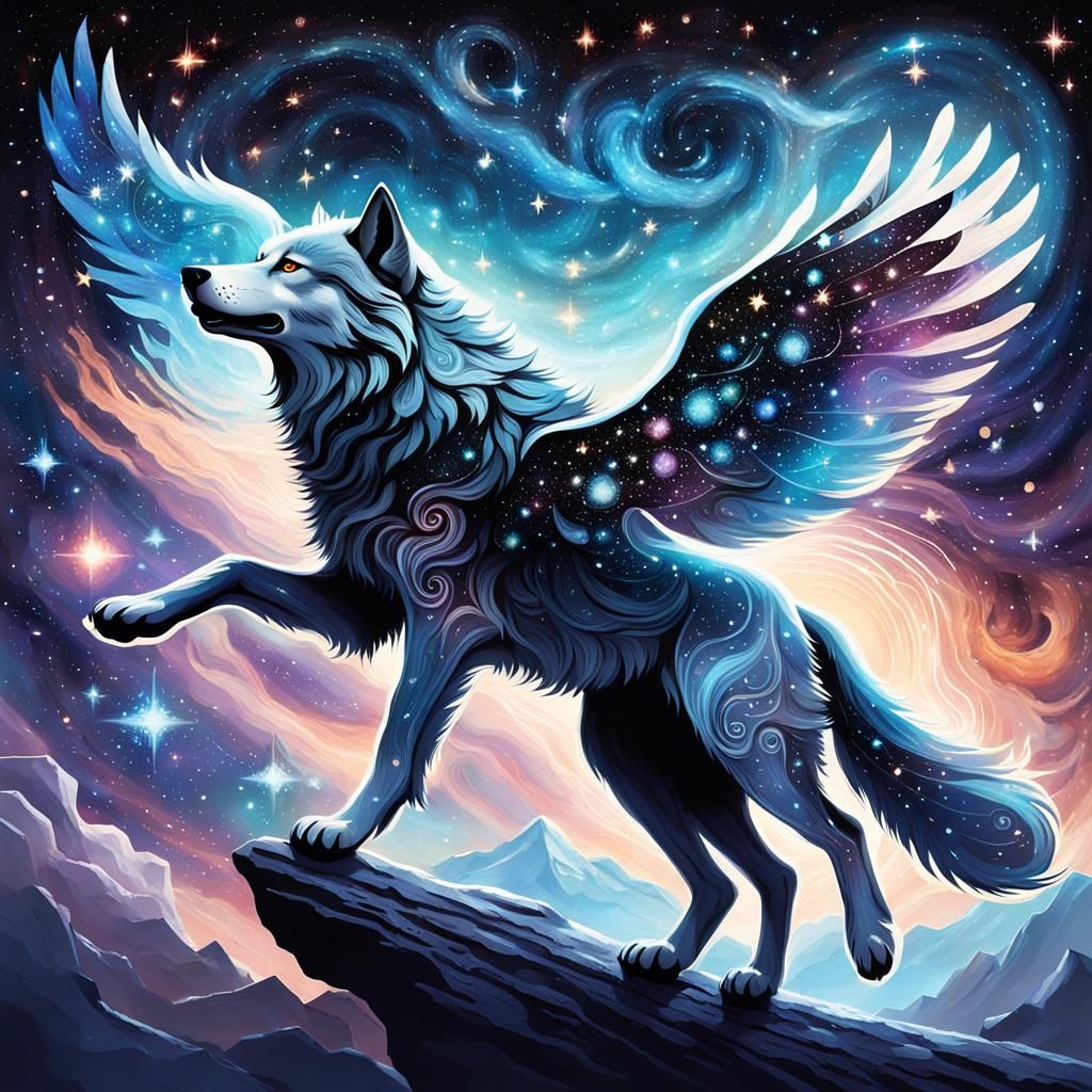 Galactic Winged Wolf Soaring Through Starry Sky