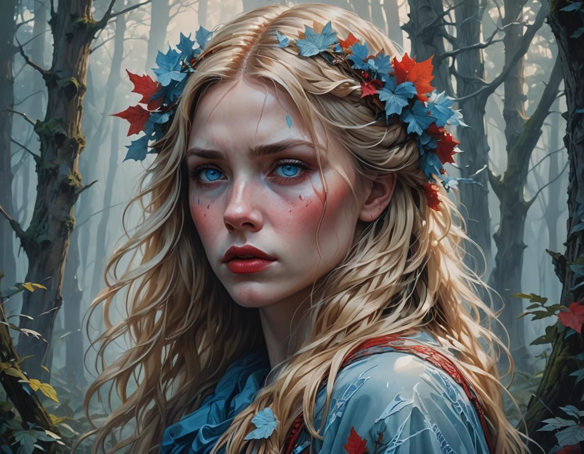 Sad Woman in Misty Forest: Detailed Portrait