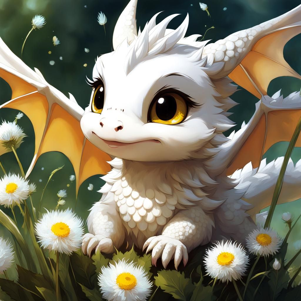 Chibi Dragon with Dandelions, Digital Art