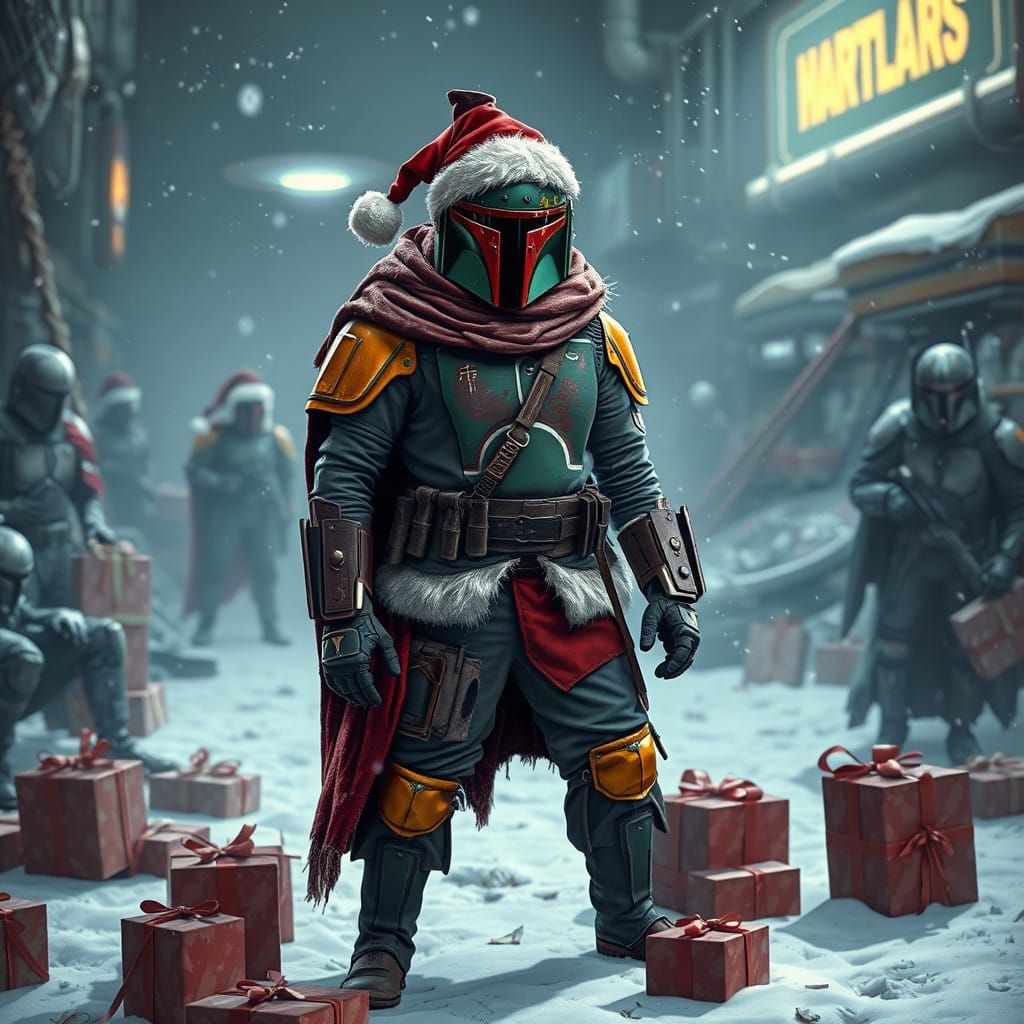 Cyberpunk Santa Mandalorian in Gritty Winter Scene