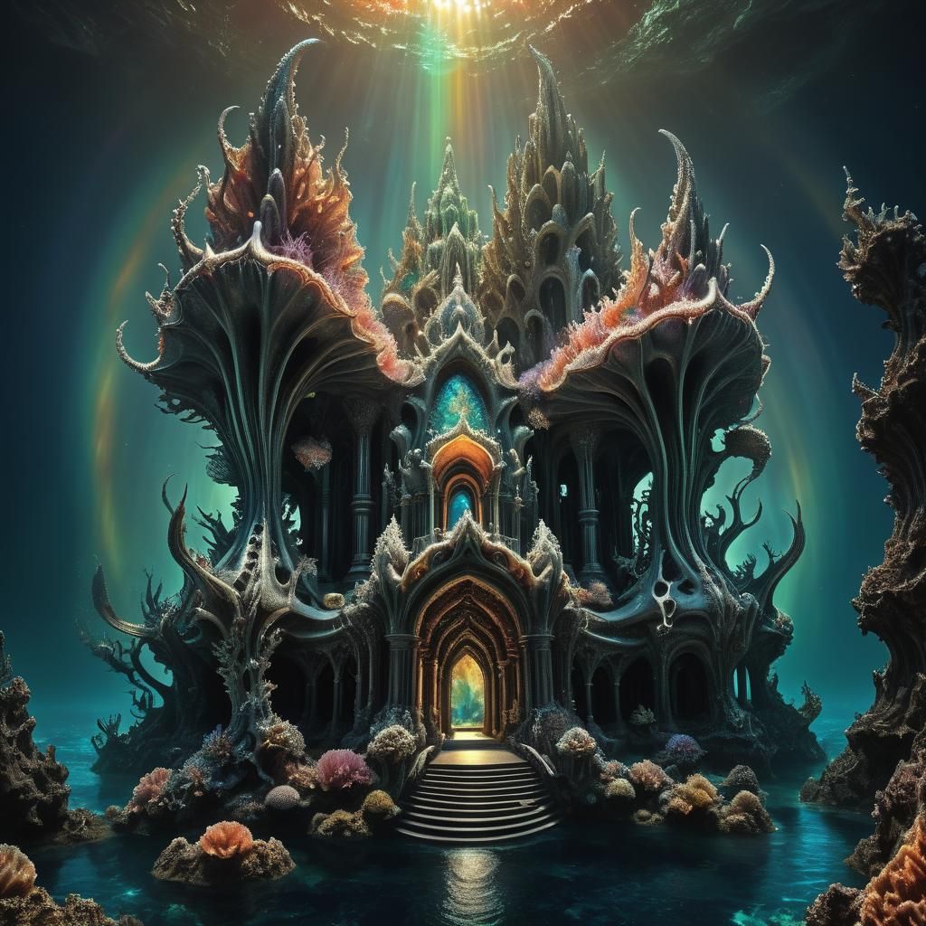 Luminescent Mermaid Temple in Dark Ocean