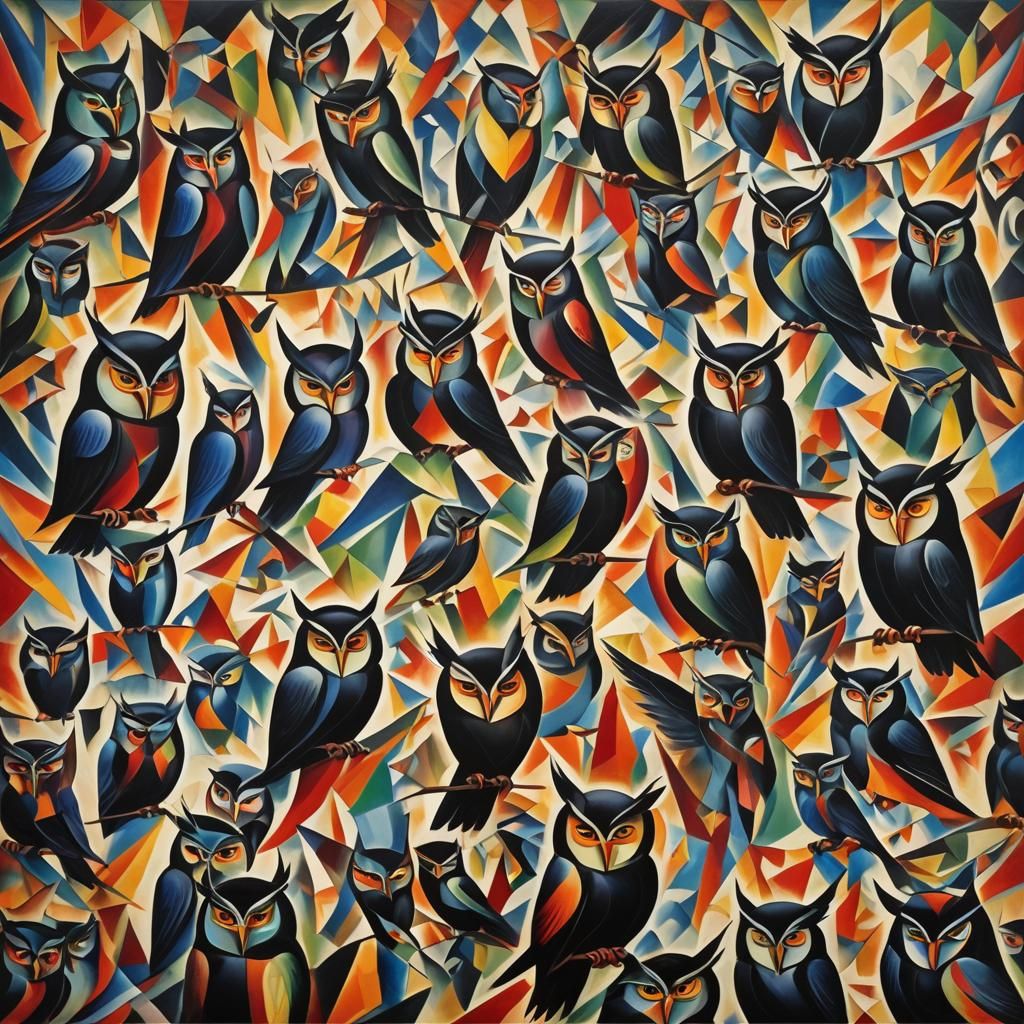 Abstract Cubist Owls and Wild Woman