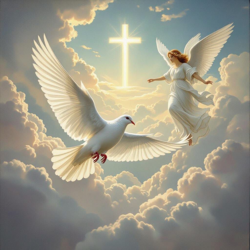 Angel and Pigeon Soaring to Heaven