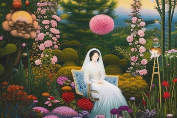 Woman in Floral Chair with Forest View