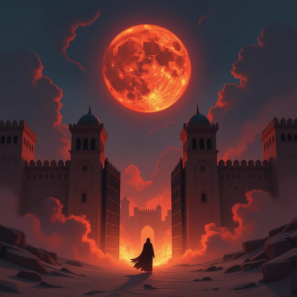 Blood Moon Over Ancient Arabian City Gates with Fire Spirits