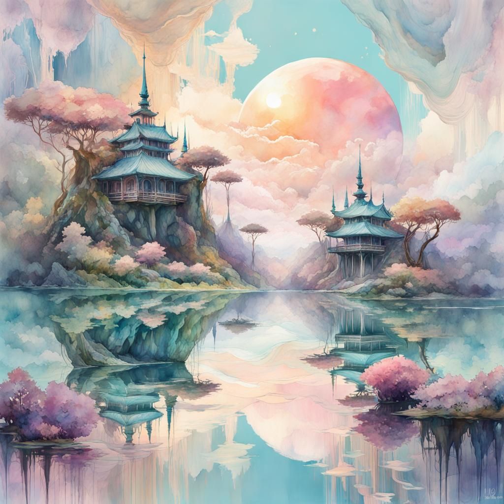 Pastel Watercolor Floating Islands in the Sky