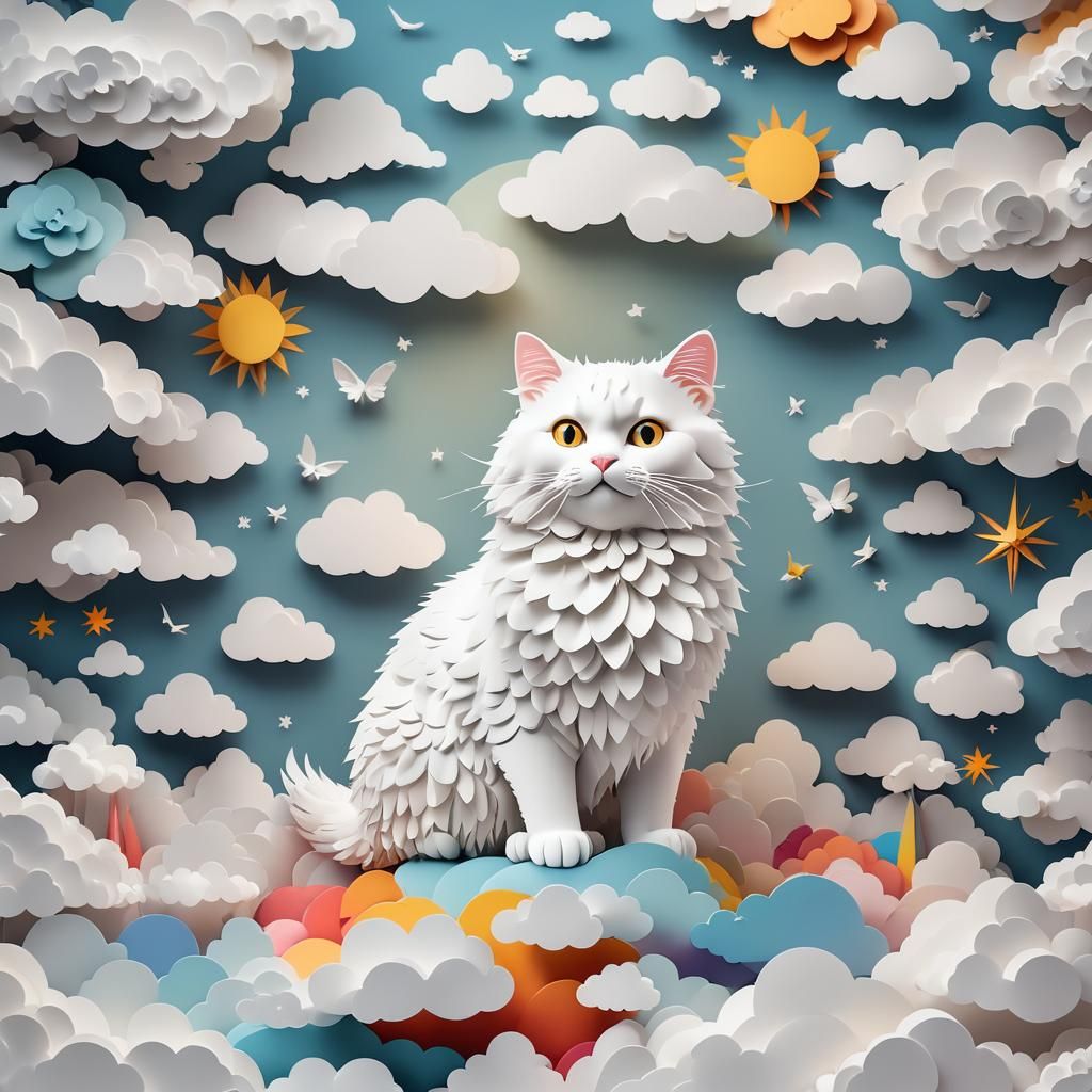 Fluffy White Cat in Heaven: Kirigami Papercraft