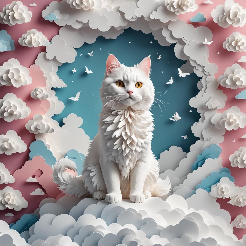 Fluffy Cat in Heaven: Kirigami Papercraft