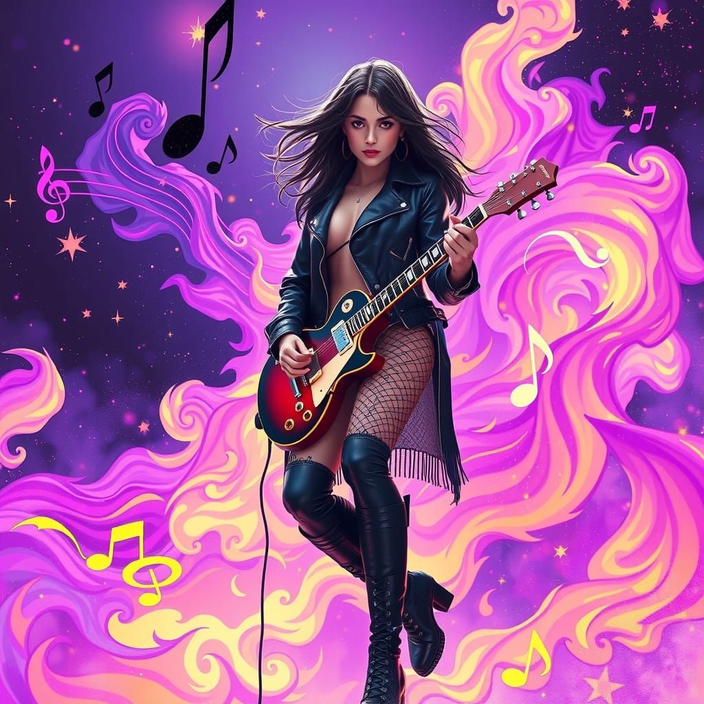 Cosmic Rockstar Guitar Performance in Matte Painting Style