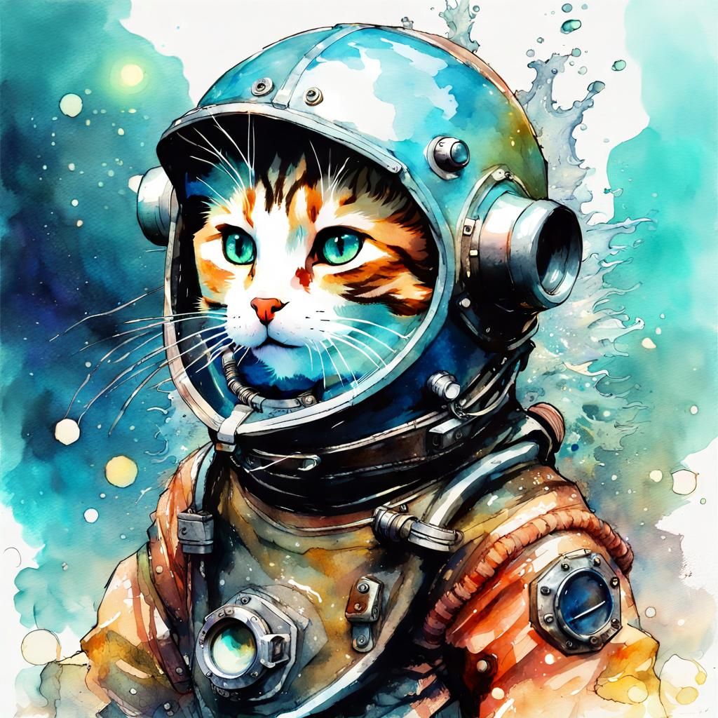 Chibi Cat Diver in Luminescent Underwater Scene