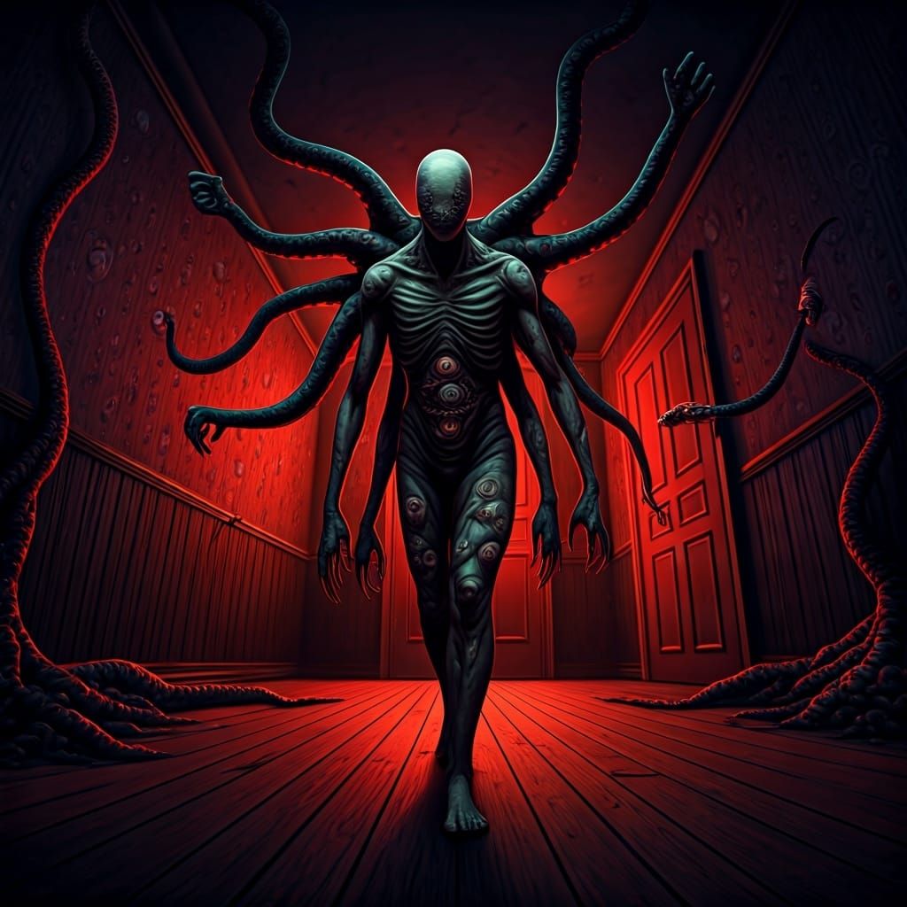 Grotesque Horror Creature in Dimly Lit Room