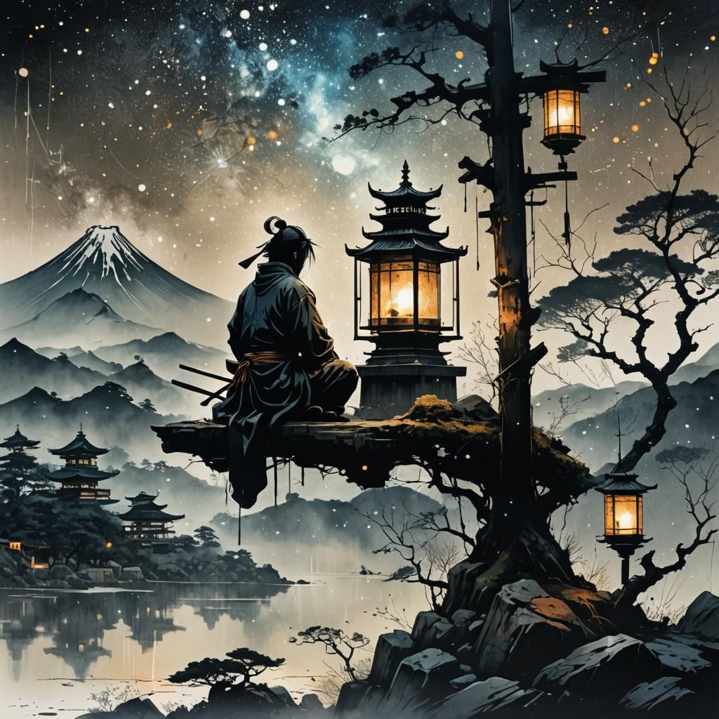 Samurai Silhouette Under Galaxy Sky in Surreal Style