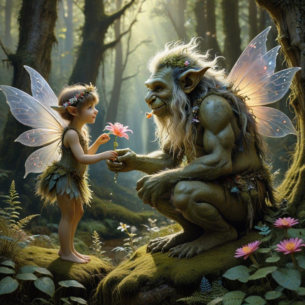 Whimsical Fairy and Troll Portrait in Colored Ink