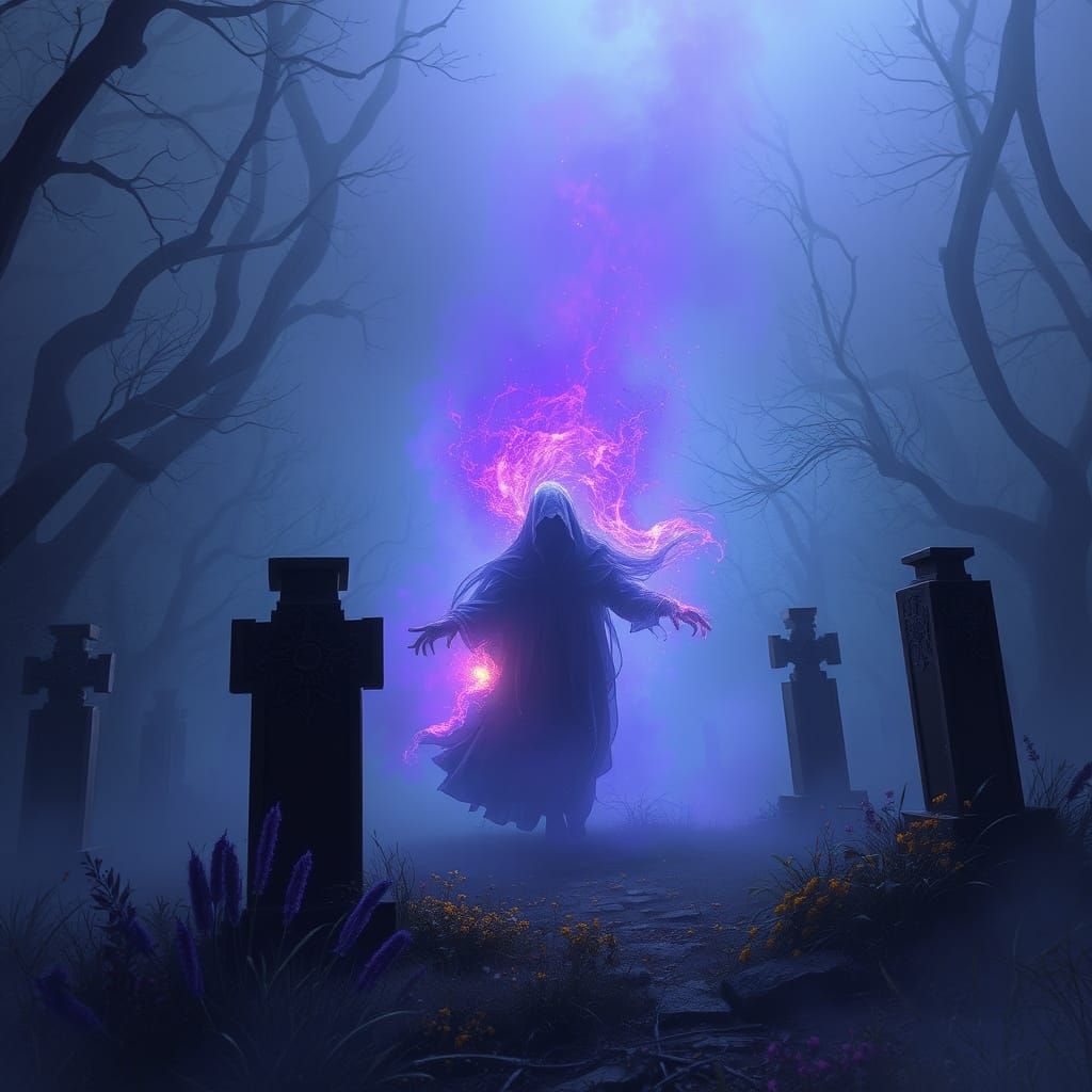 Ghostly Figure Drifting Through a Misty Graveyard in Dark Fa...