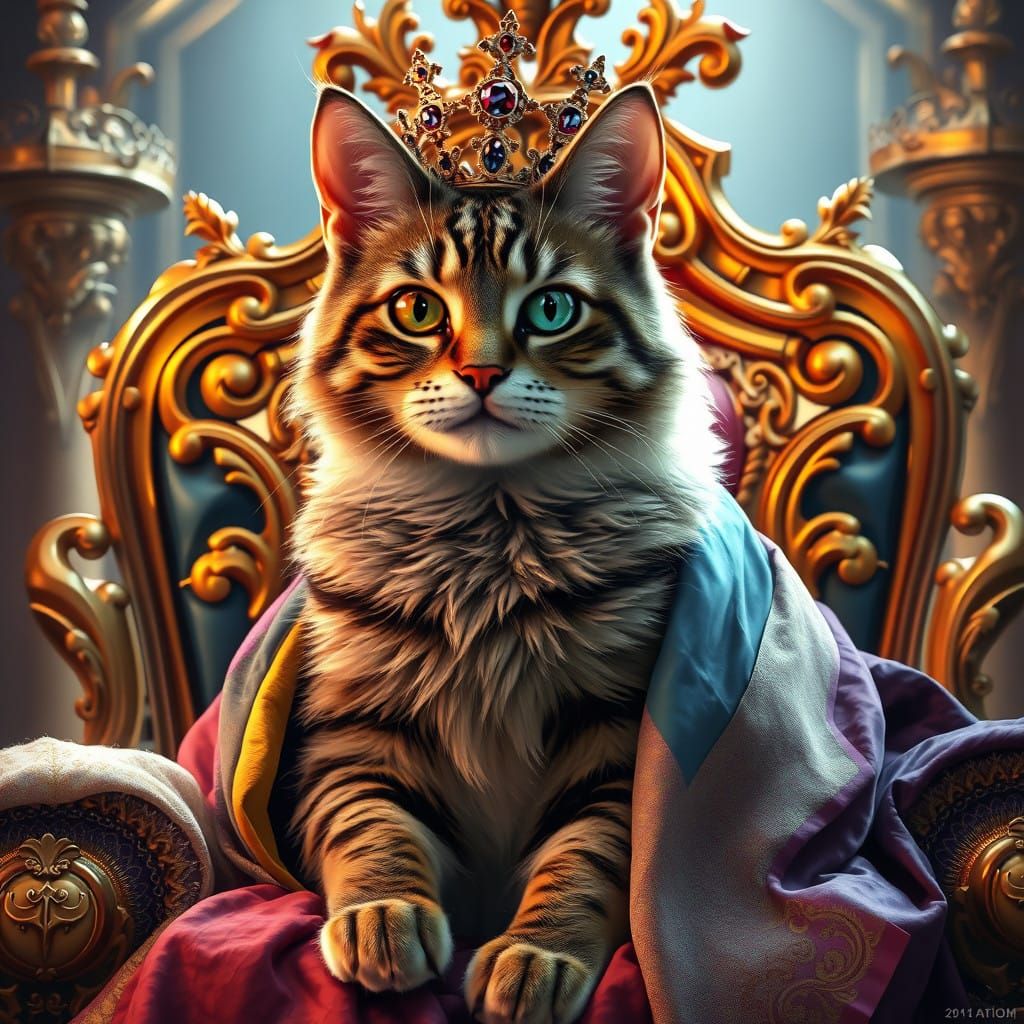 Majestic Tabby Cat Queen in Lavish Throne Portrait