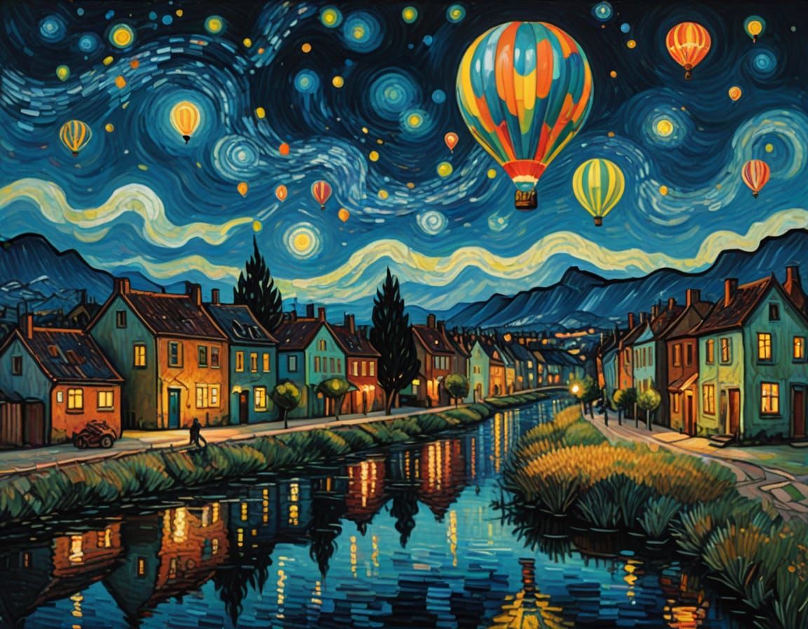 Psychedelic Balloon in Van Gogh Night Sky Oil Painting