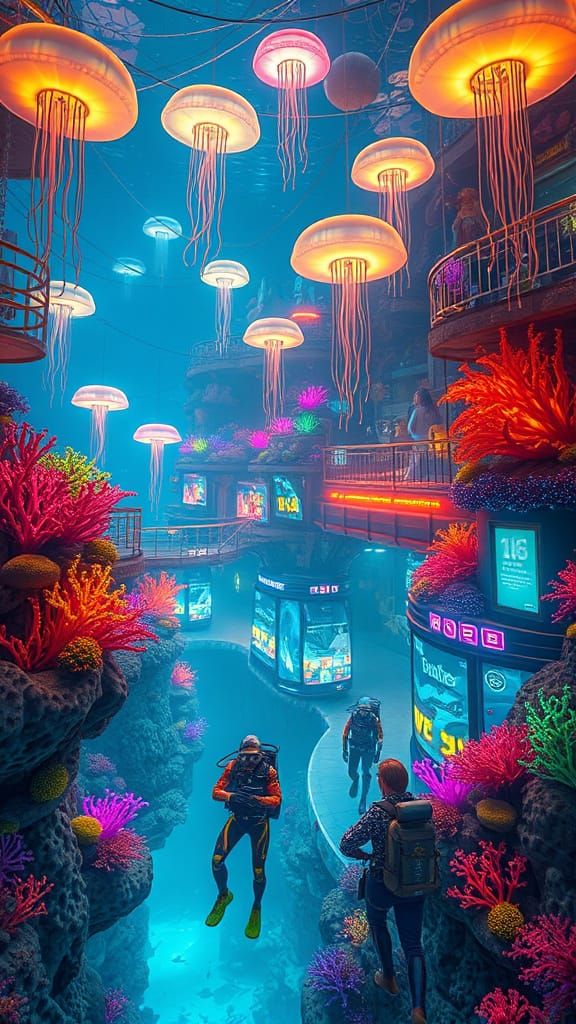 Futuristic Underwater City with Neon Coral Reefs