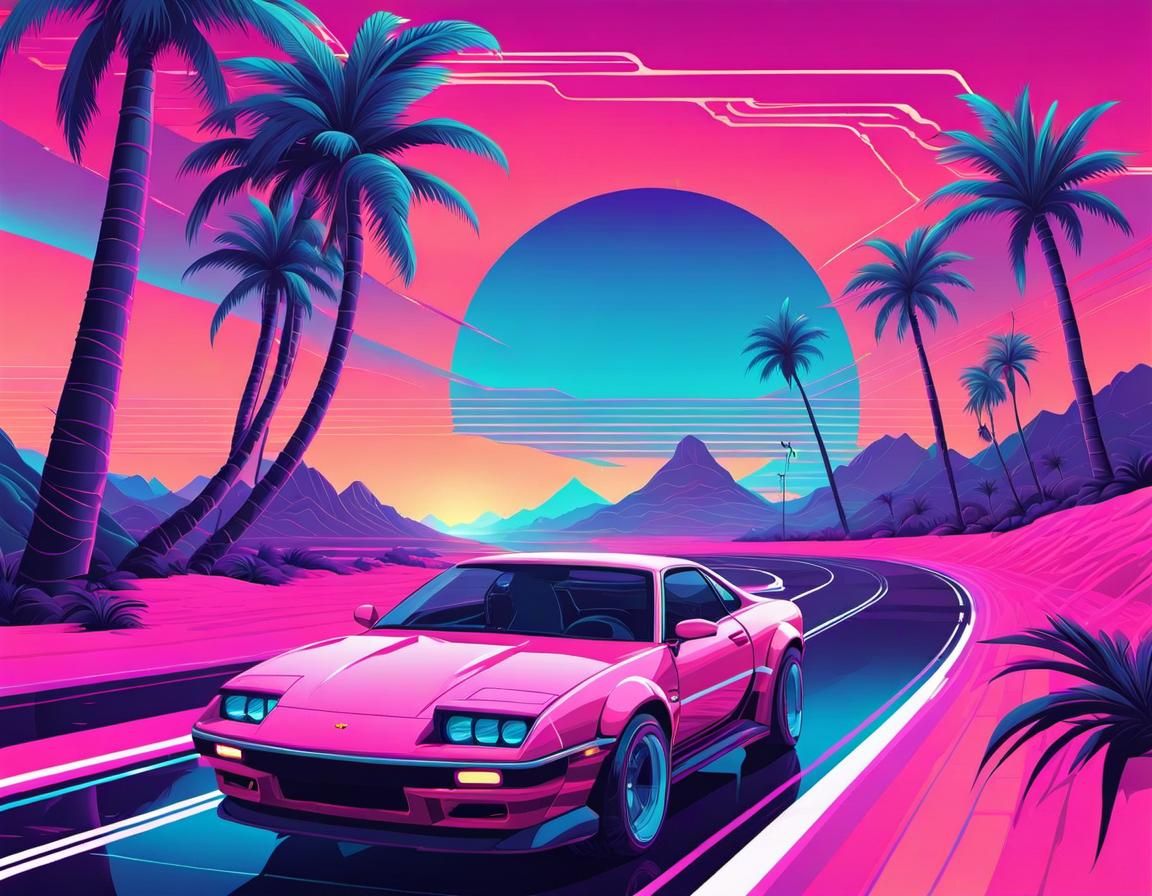 Sportscar racing through surreal vector landscape in the Vap...