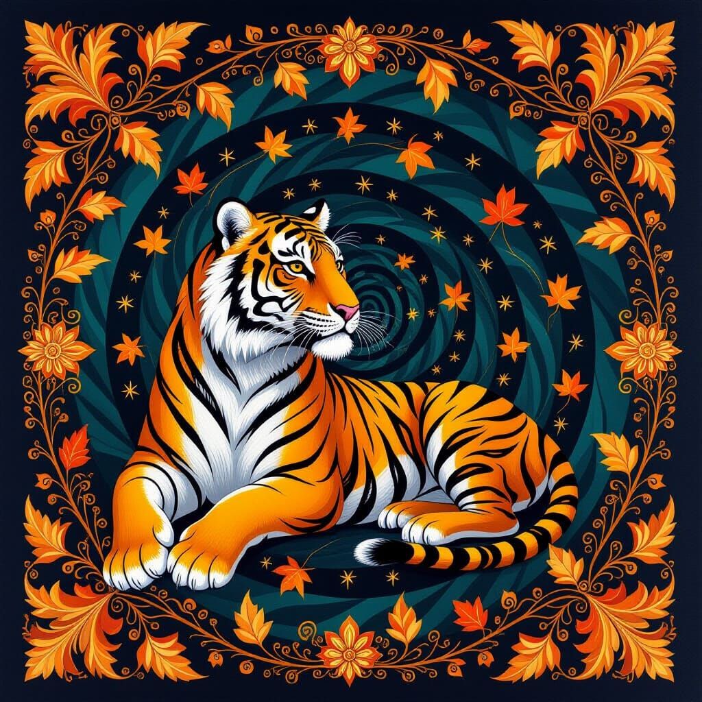 Golden Tiger in Autumn Vortex as Indian Miniature Painting