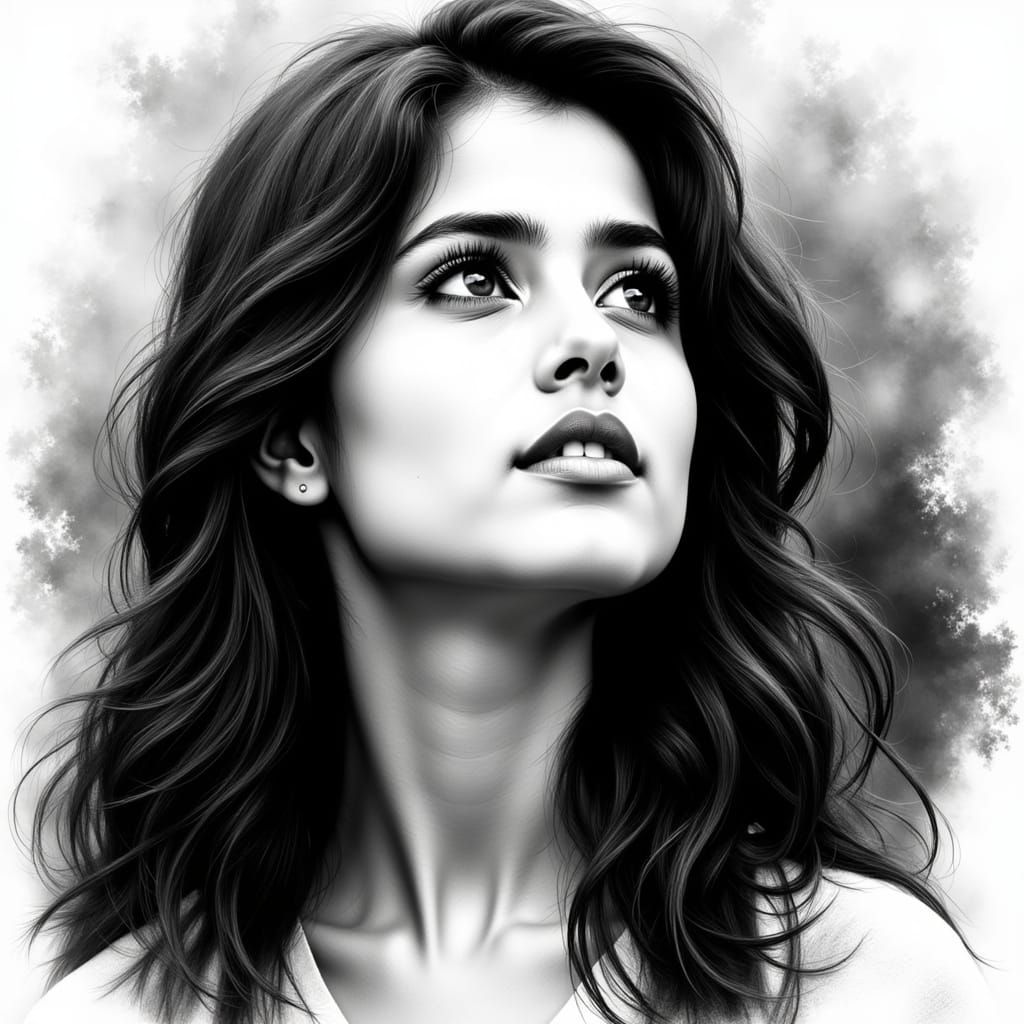 Monochrome Portrait of a Young Woman in Stylized Illustratio...