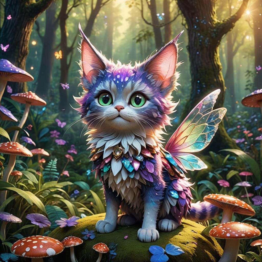Whimsical Fairy Cat in Lush Forest, Pixar Style