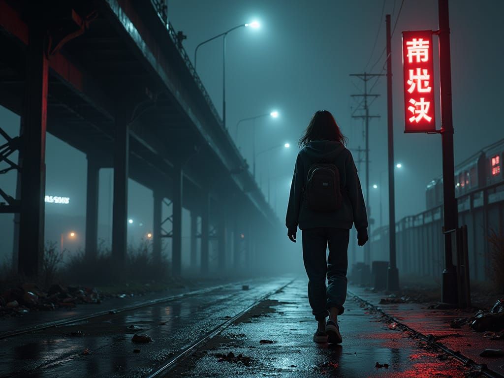 Young Student Walks Home Under Midnight City Lights