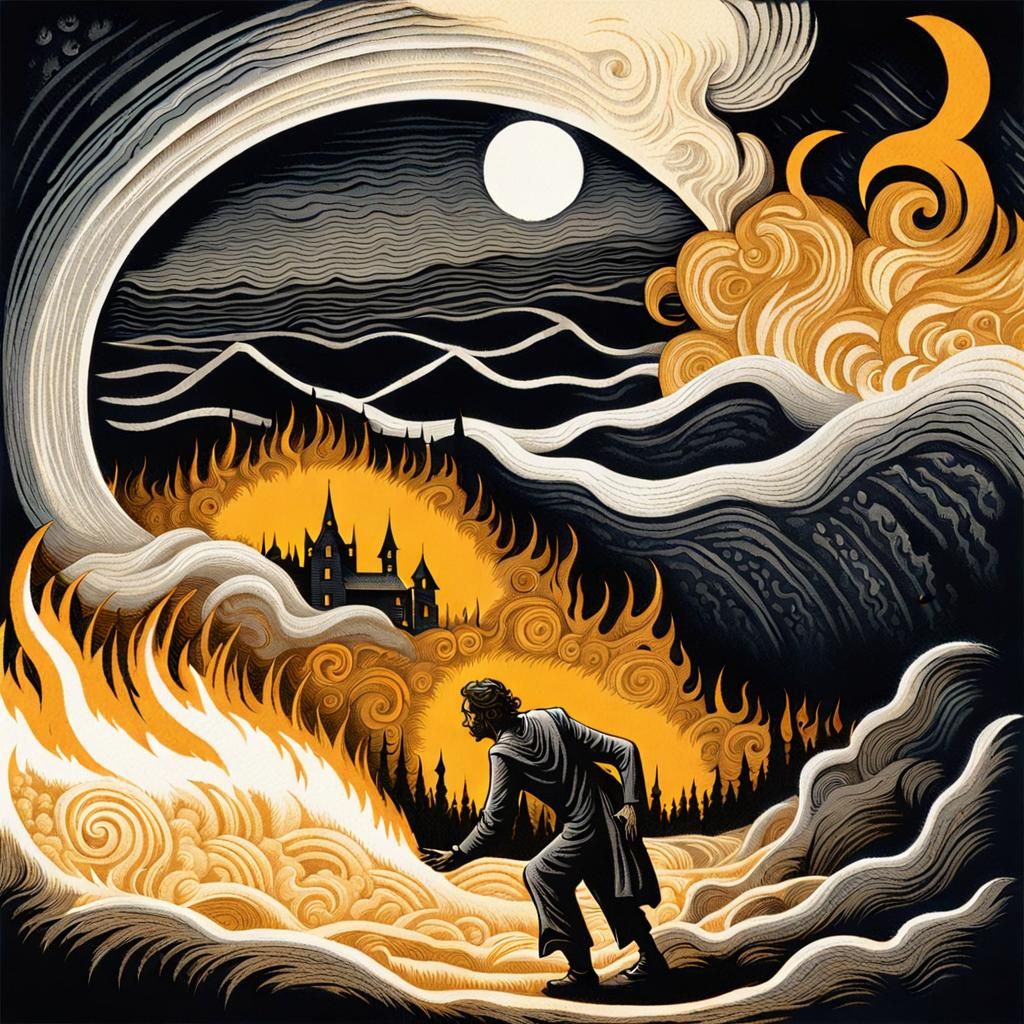 Brooding Man Summons Hellfire: Woodcut Print