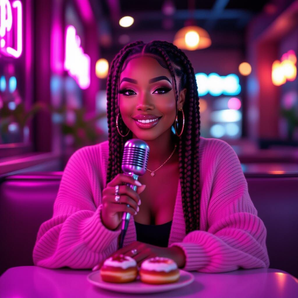 ASMR Influencer at Neon Cafe, Whispering Sweet Nothings