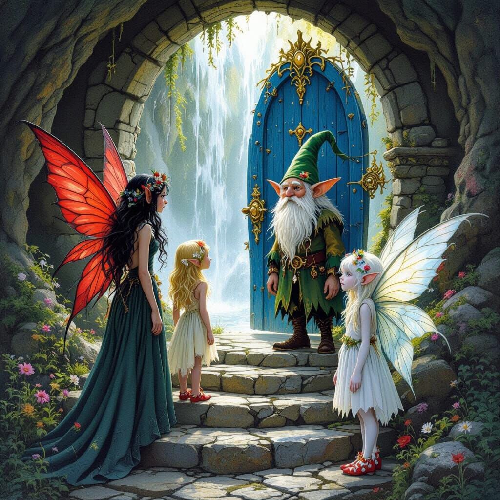 Fairies at Waterfall Entrance, Mystical Fantasy Scene