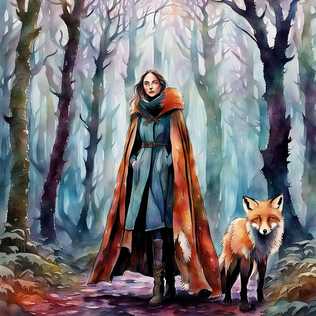 Woman with Fox in Mystical Forest, Watercolour Style